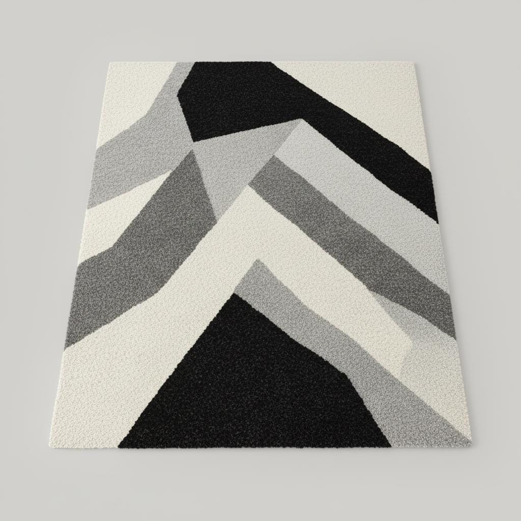 Modern Geometric Wool Rug: Black, White, Grey Abstract Design (6x9 ft)