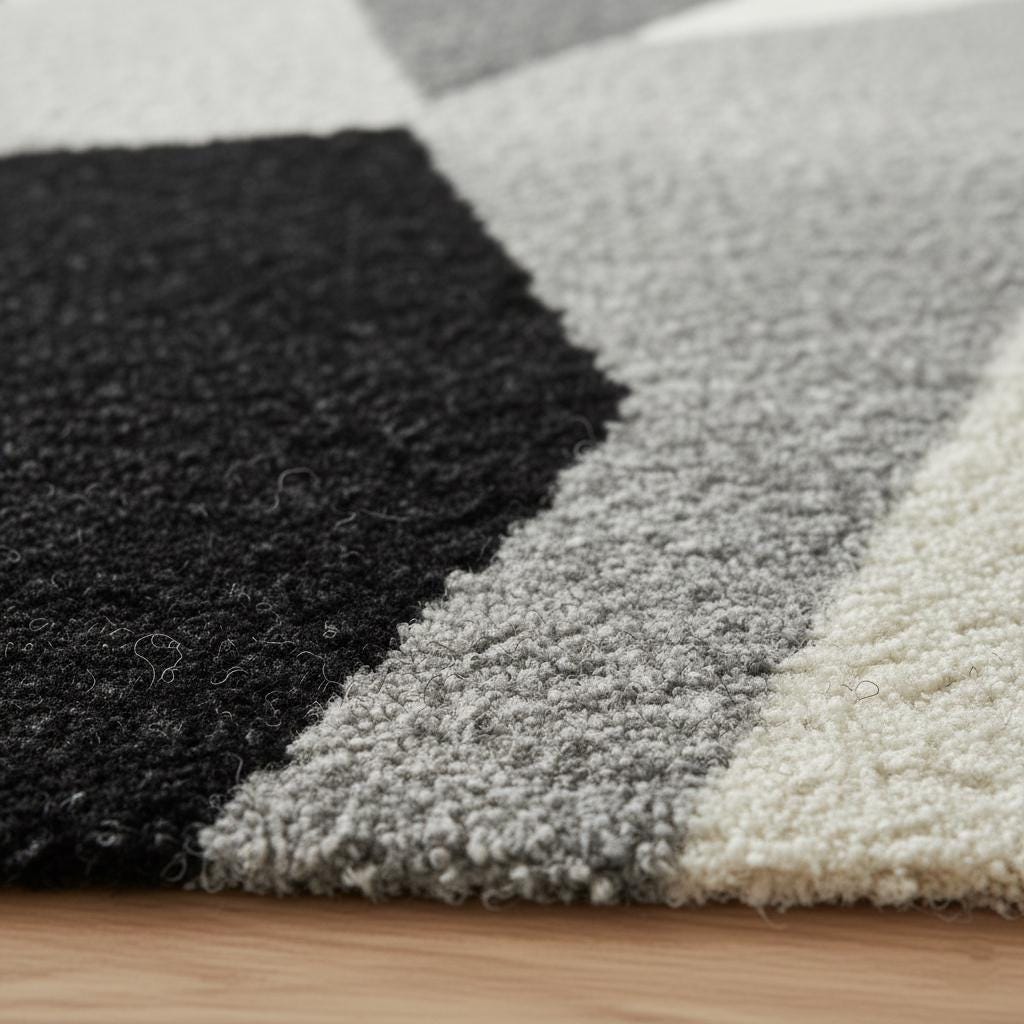 Modern Geometric Wool Rug: Black, White, Grey Abstract Design (6x9 ft)