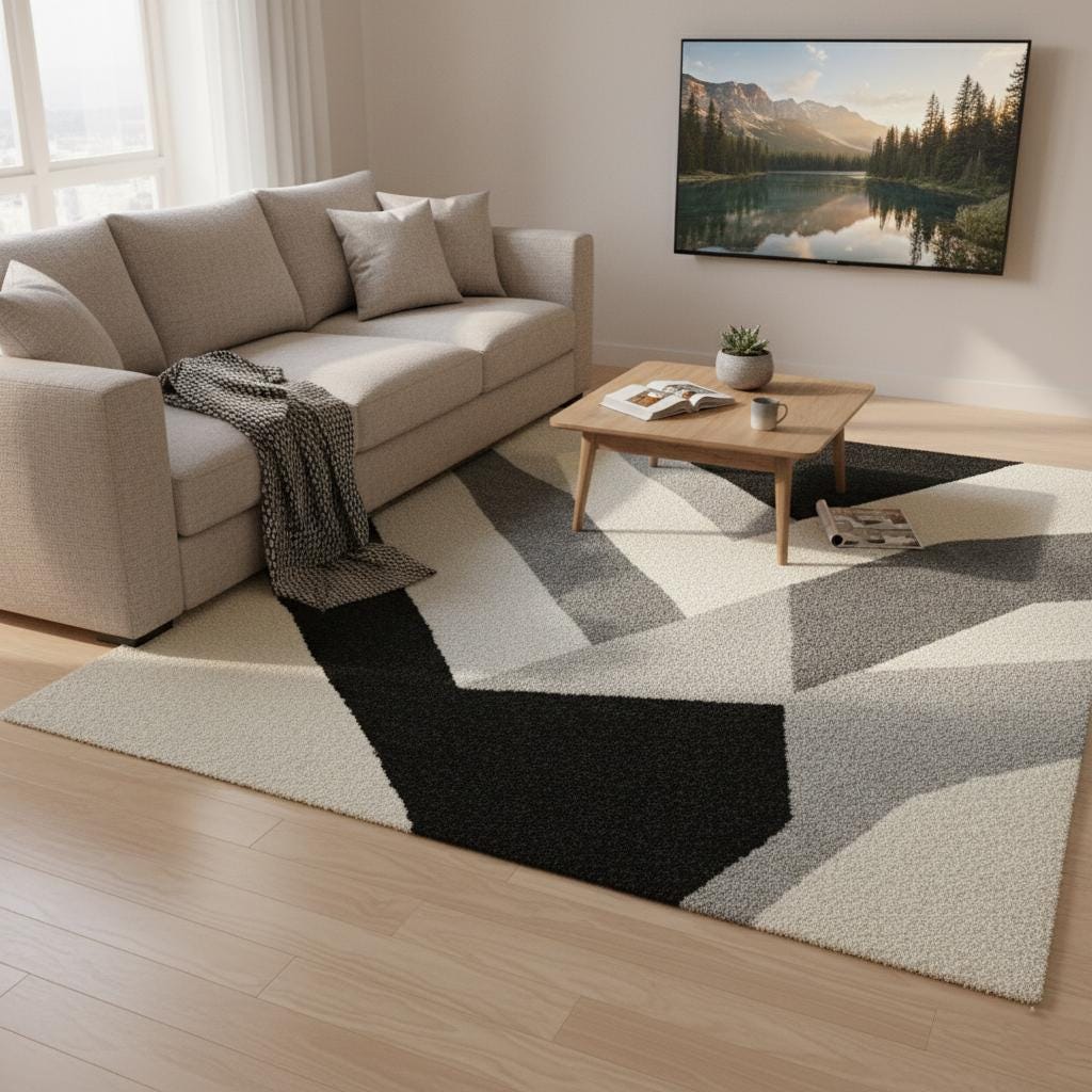 Modern Geometric Wool Rug: Black, White, Grey Abstract Design (6x9 ft)