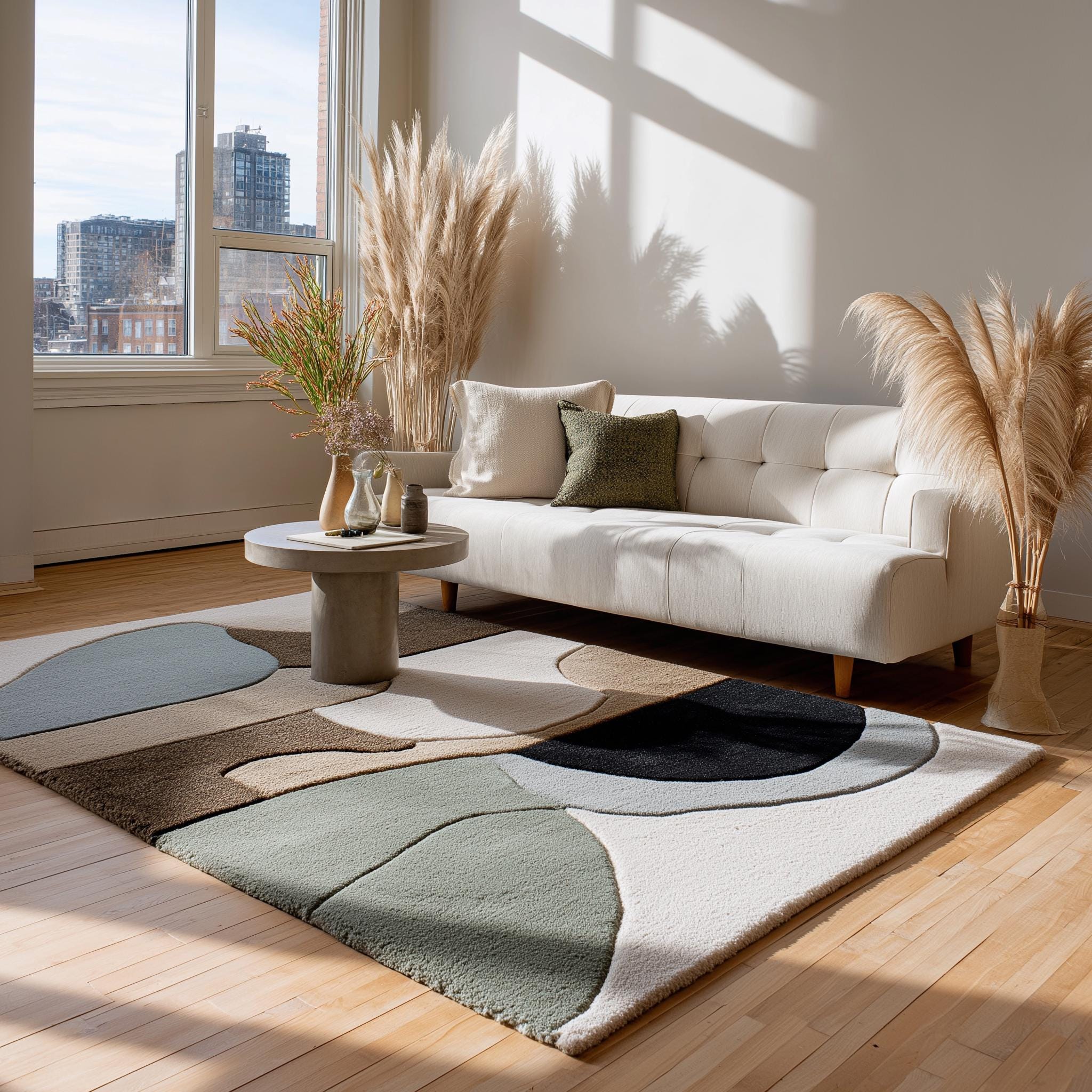 Neutral Abstract Area Rug: Hand-Tufted Wool-Blend Geometric Carpet