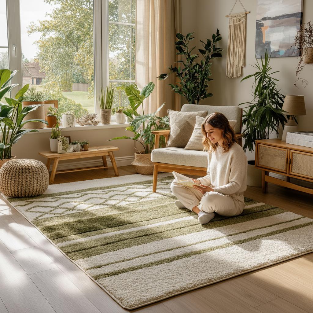Green & Cream Striped Area Rug: Modern Botanical Pattern
