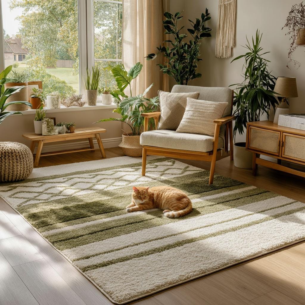 Green & Cream Striped Area Rug: Modern Botanical Pattern