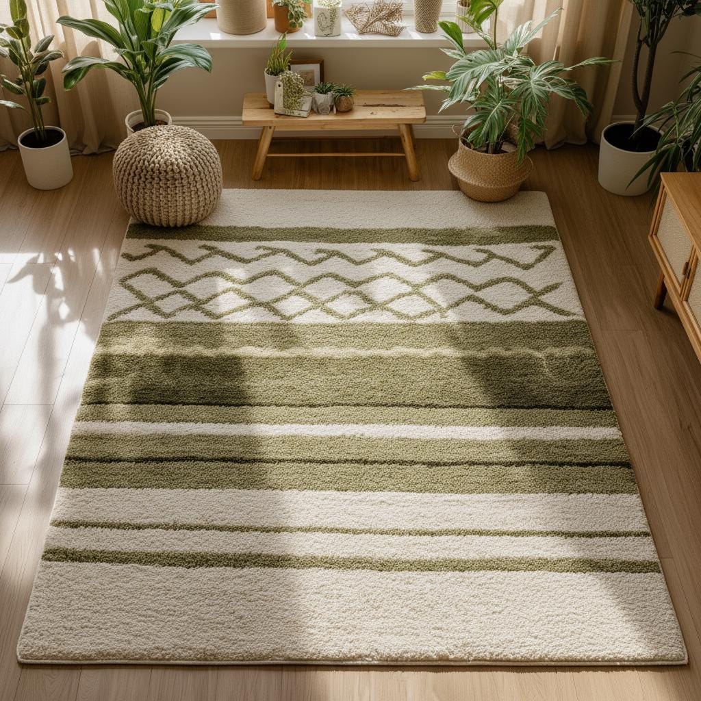 Green & Cream Striped Area Rug: Modern Botanical Pattern