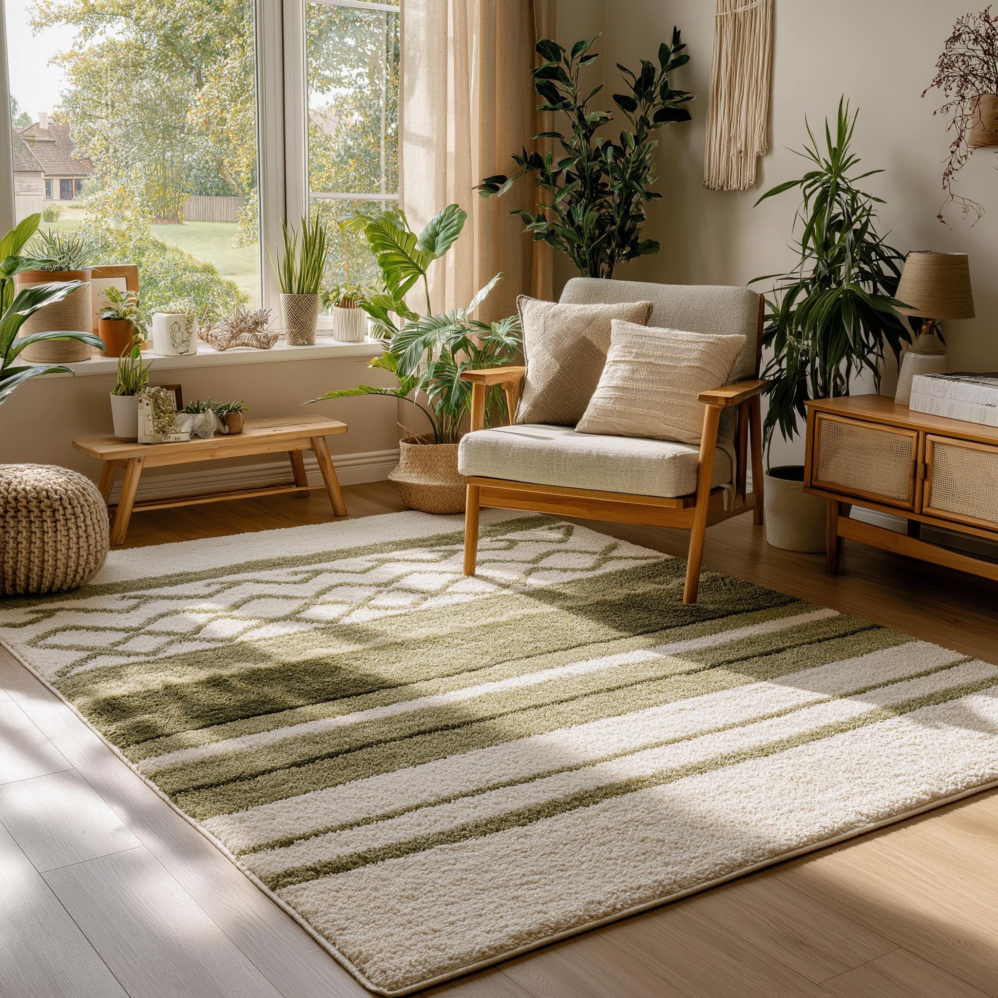 Green & Cream Striped Area Rug: Modern Botanical Pattern