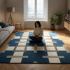 Modern Geometric Blue & Cream Area Rug — Statement Living Room Rug with Beige Square Accents