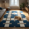 Modern Geometric Blue & Cream Area Rug — Statement Living Room Rug with Beige Square Accents