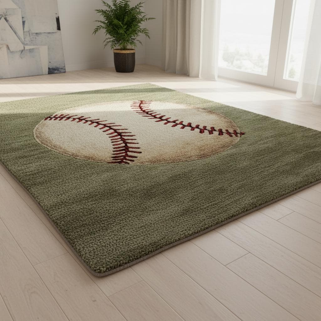 Handmade Wool Baseball Rug: Sports Nursery Decor, 8x10