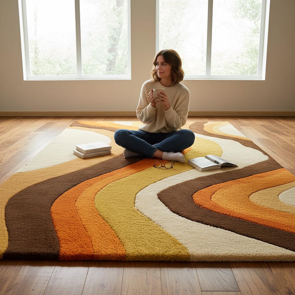 Retro 70s Wavy Wool Rug: Handmade Tufted Geometric Carpet