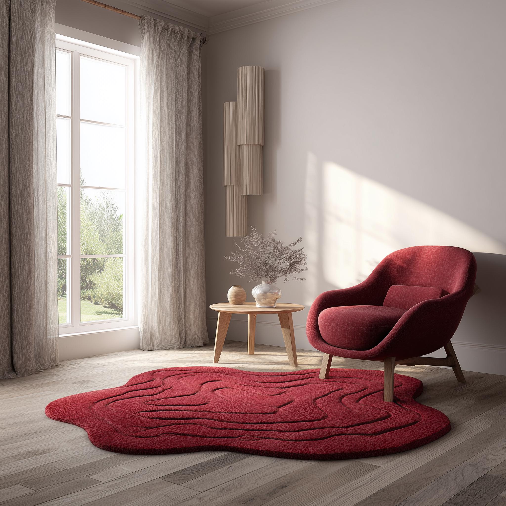 Handmade Tufted Red Rug: Modern 3D Wave Design, Irregular Shape size- 4x6 feet