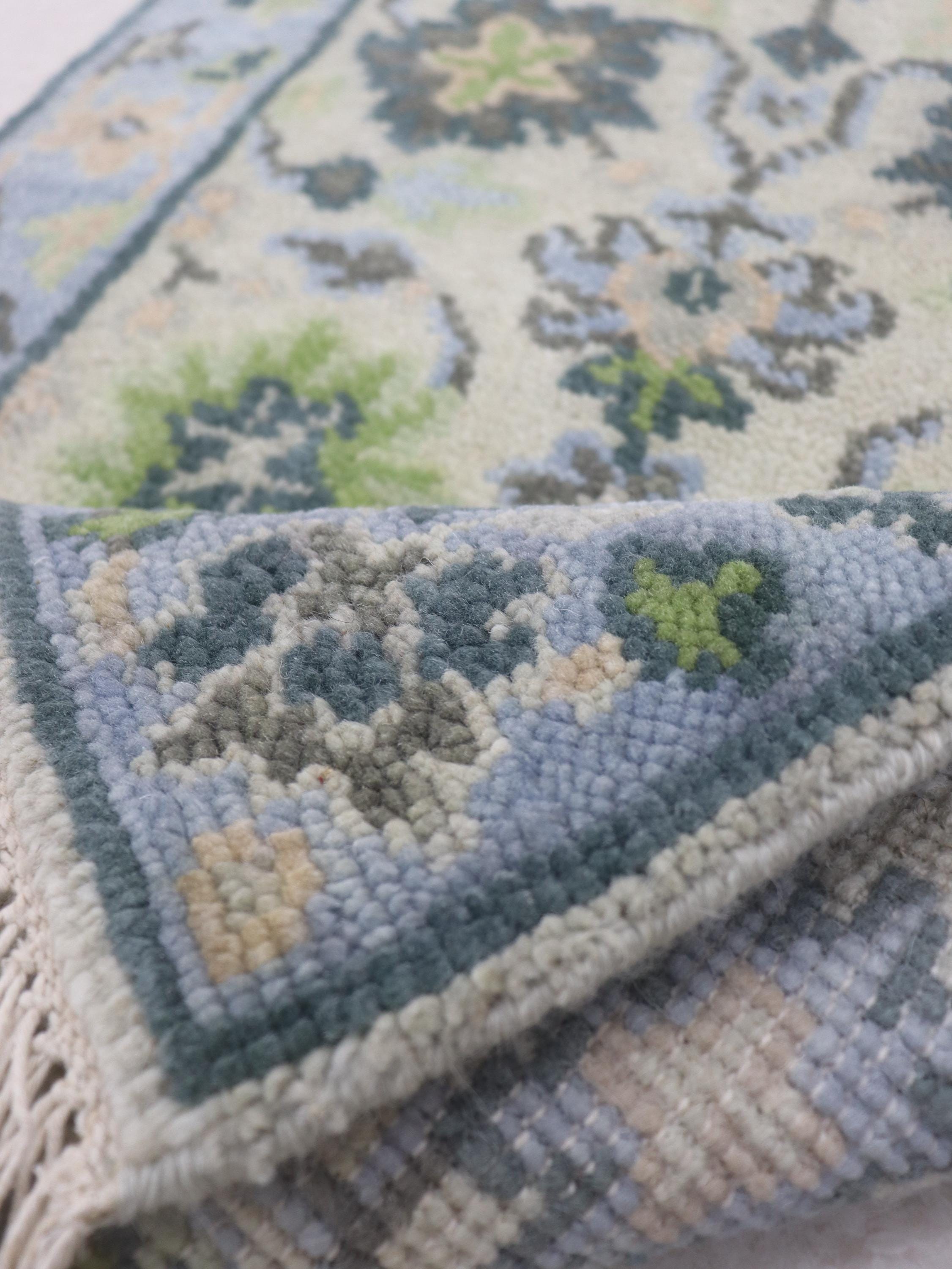 Handmade Oushak Wool Rug: Vintage Green & Blue Floral Carpet, 2x3 feet