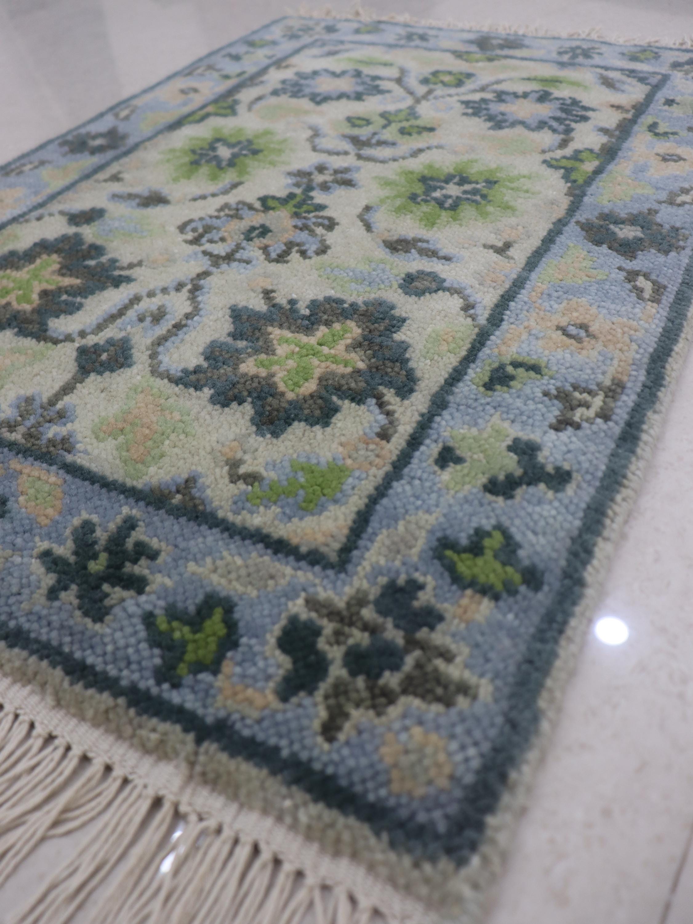 Handmade Oushak Wool Rug: Vintage Green & Blue Floral Carpet, 2x3 feet