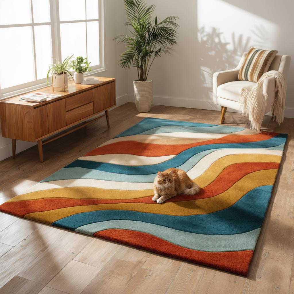 Hand-Tufted Wool Area Rug: Geometric Abstract Design, Mid-Century Modern