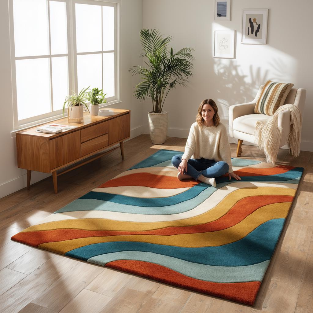 Hand-Tufted Wool Area Rug: Geometric Abstract Design, Mid-Century Modern