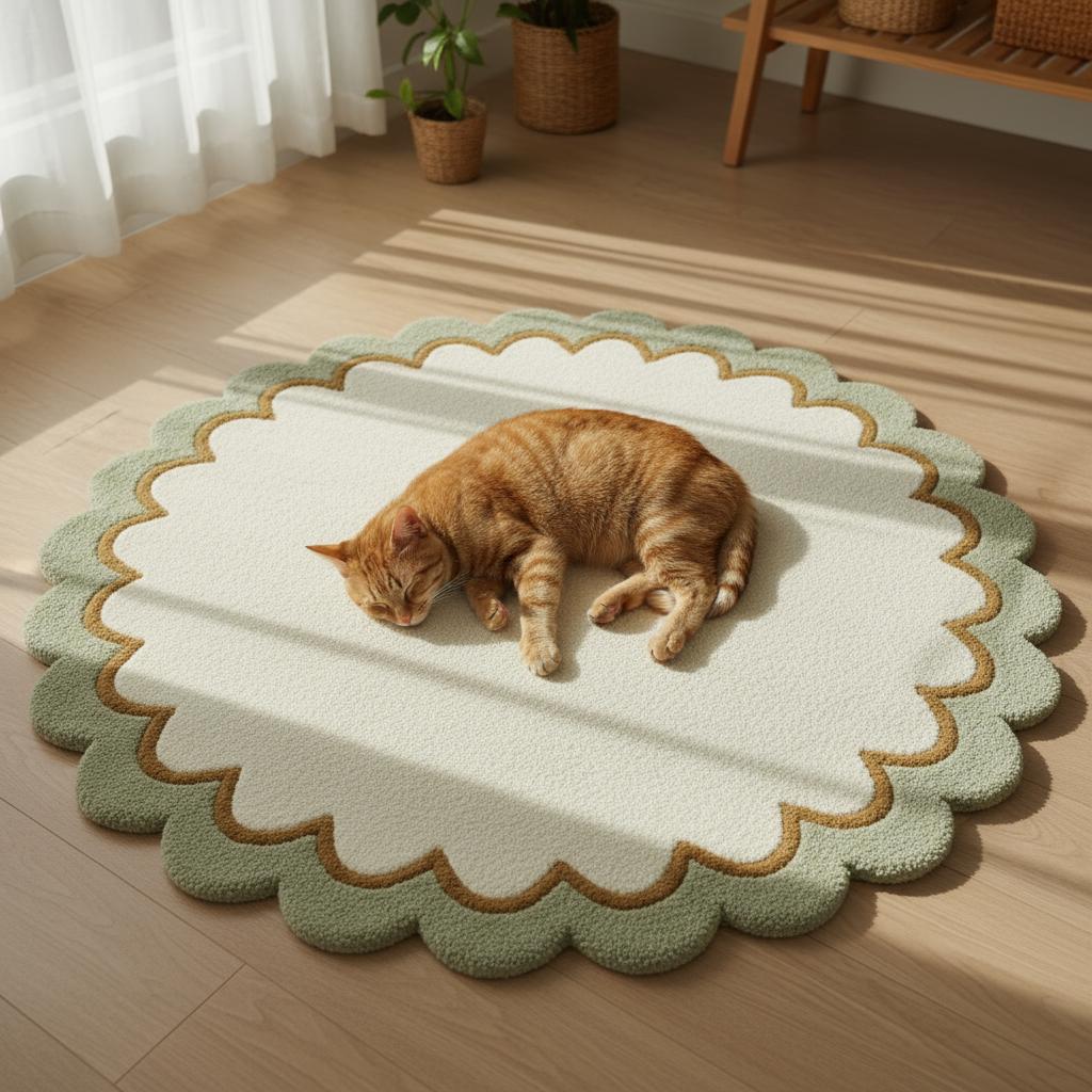 Sage Green Wool Rug: Modern Minimalist Round Carpet, White Border (6x6 ft)