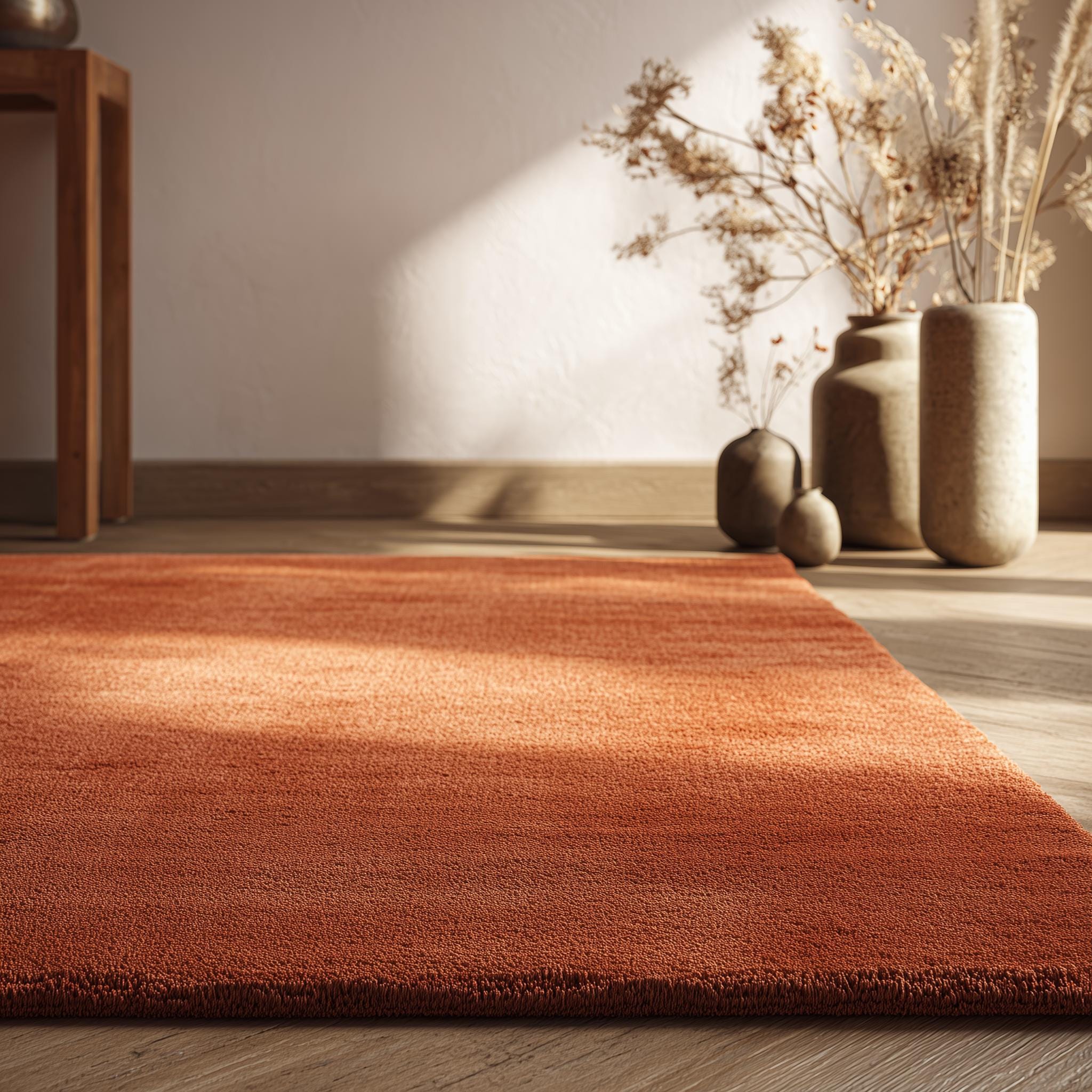 Handmade Burnt Orange Wool Area Rug: Modern Minimalist Design, 6x9 ft