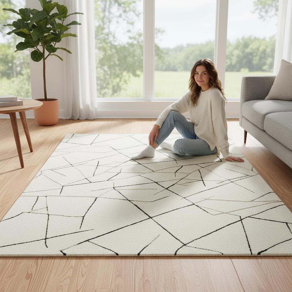 Handmade Wool Area Rug: Abstract Geometric Cream and Black Rug