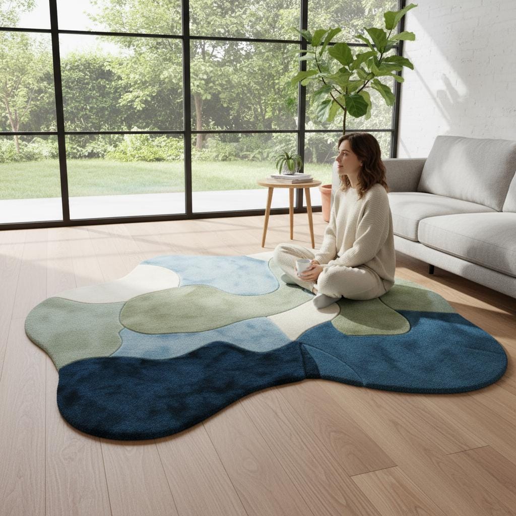 Abstract Wavy Area Rug: Handmade Wool Tufted Carpet, Blue Green Cream