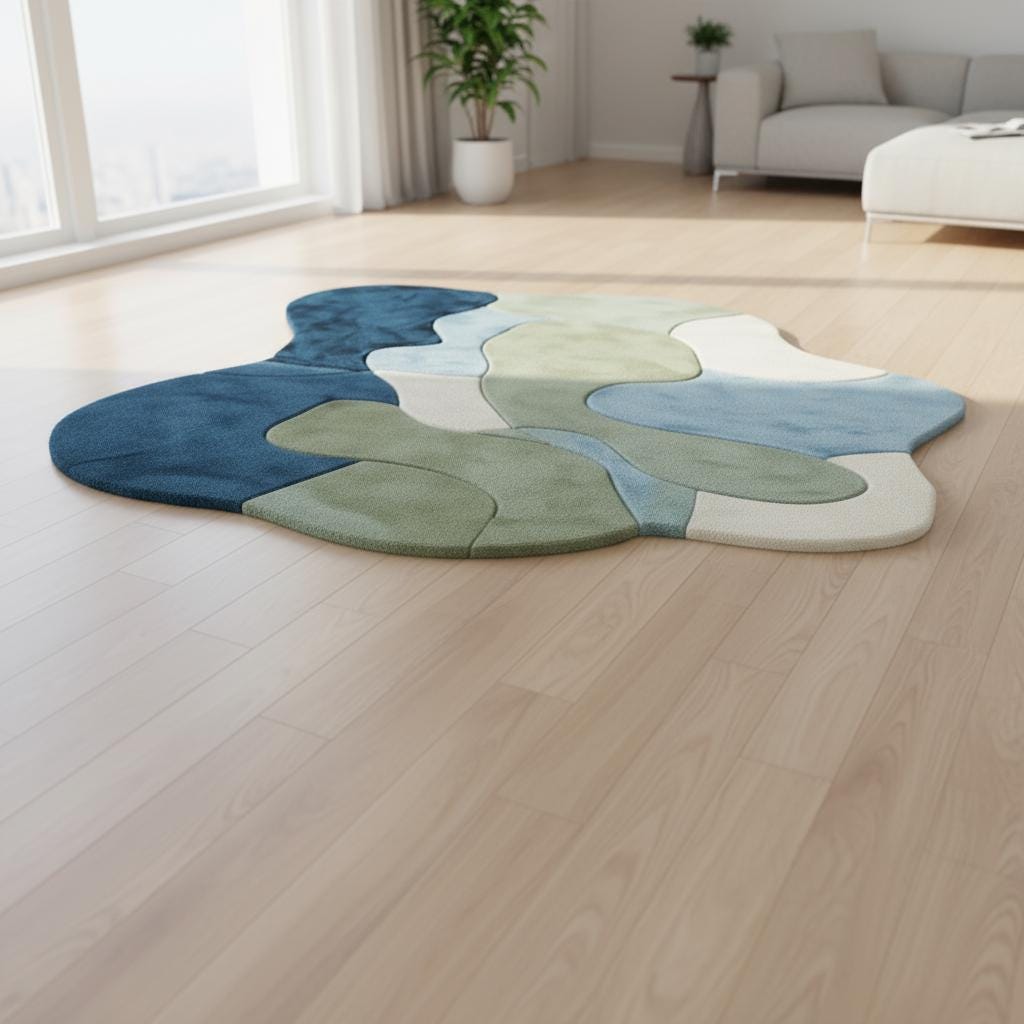 Abstract Wavy Area Rug: Handmade Wool Tufted Carpet, Blue Green Cream