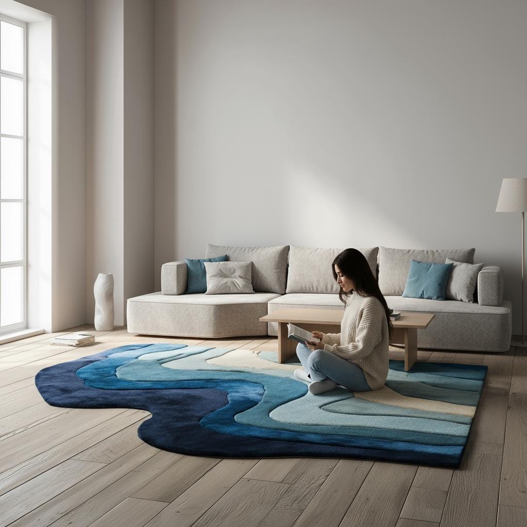 Handmade Tufted Wool Area Rug: Abstract Wave Design, Blue & Cream - 5x8 ft