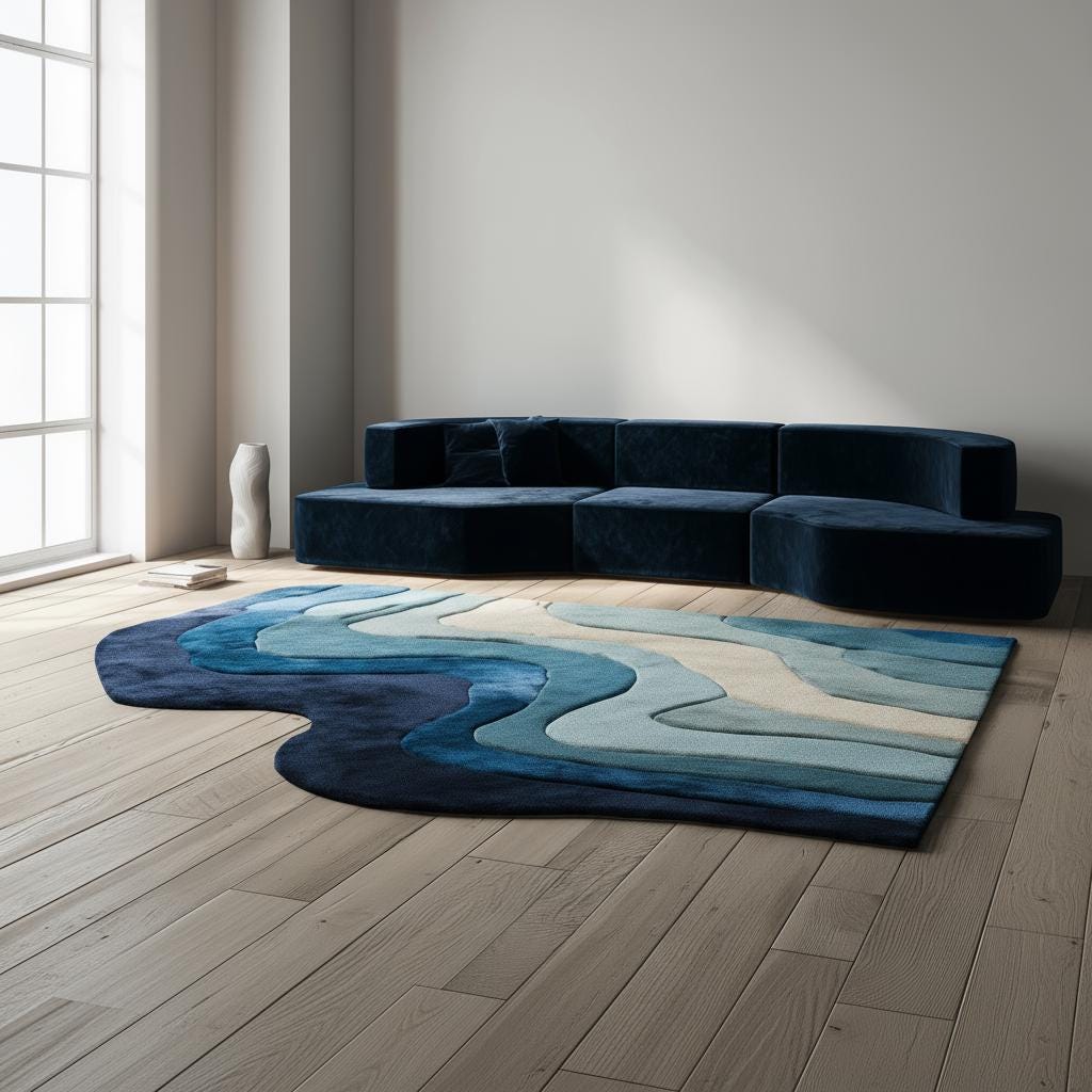 Handmade Tufted Wool Area Rug: Abstract Wave Design, Blue & Cream - 5x8 ft