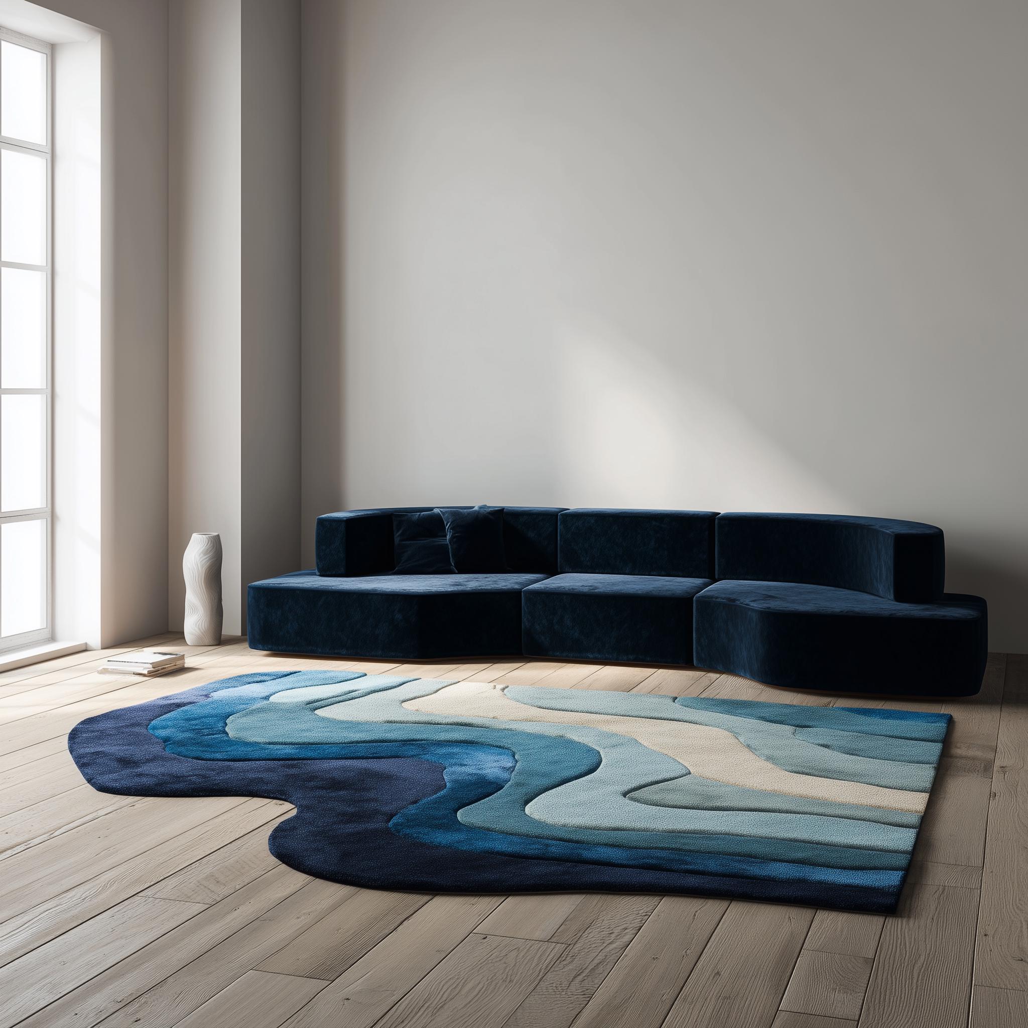 Handmade Tufted Wool Area Rug: Abstract Wave Design, Blue & Cream - 5x8 ft