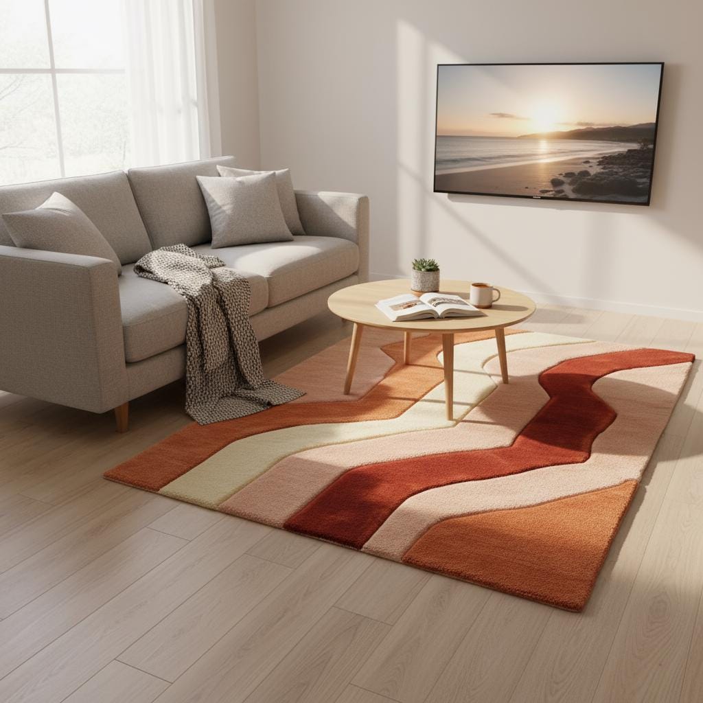 Handmade Tufted Wool Rug: Retro Wavy Design, Earth Tones, 6x9 ft