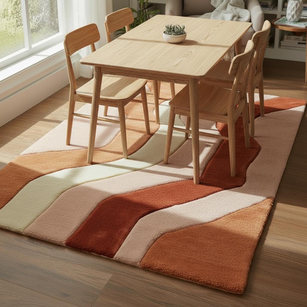 Handmade Tufted Wool Rug: Retro Wavy Design, Earth Tones, 6x9 ft