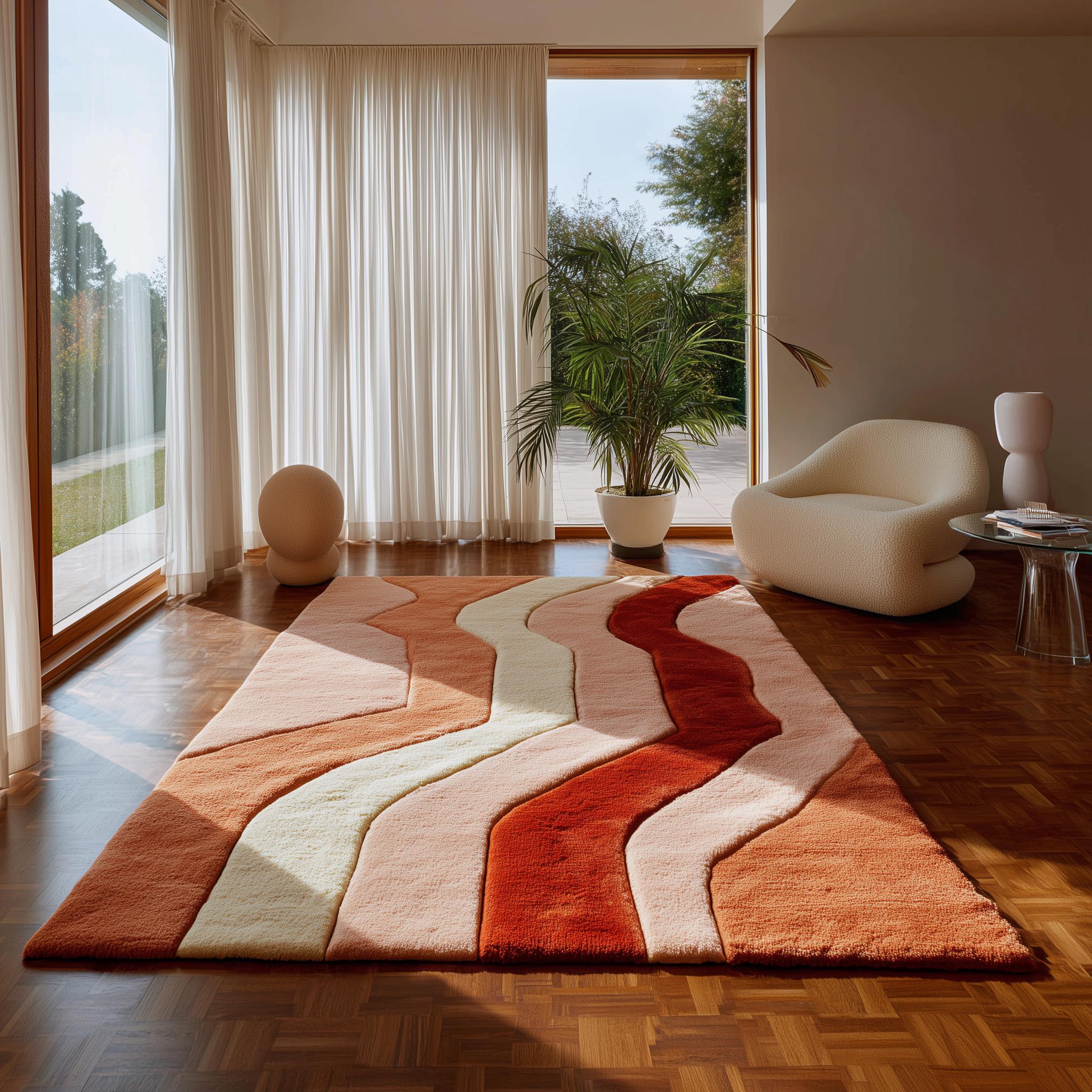 Handmade Tufted Wool Rug: Retro Wavy Design, Earth Tones, 6x9 ft
