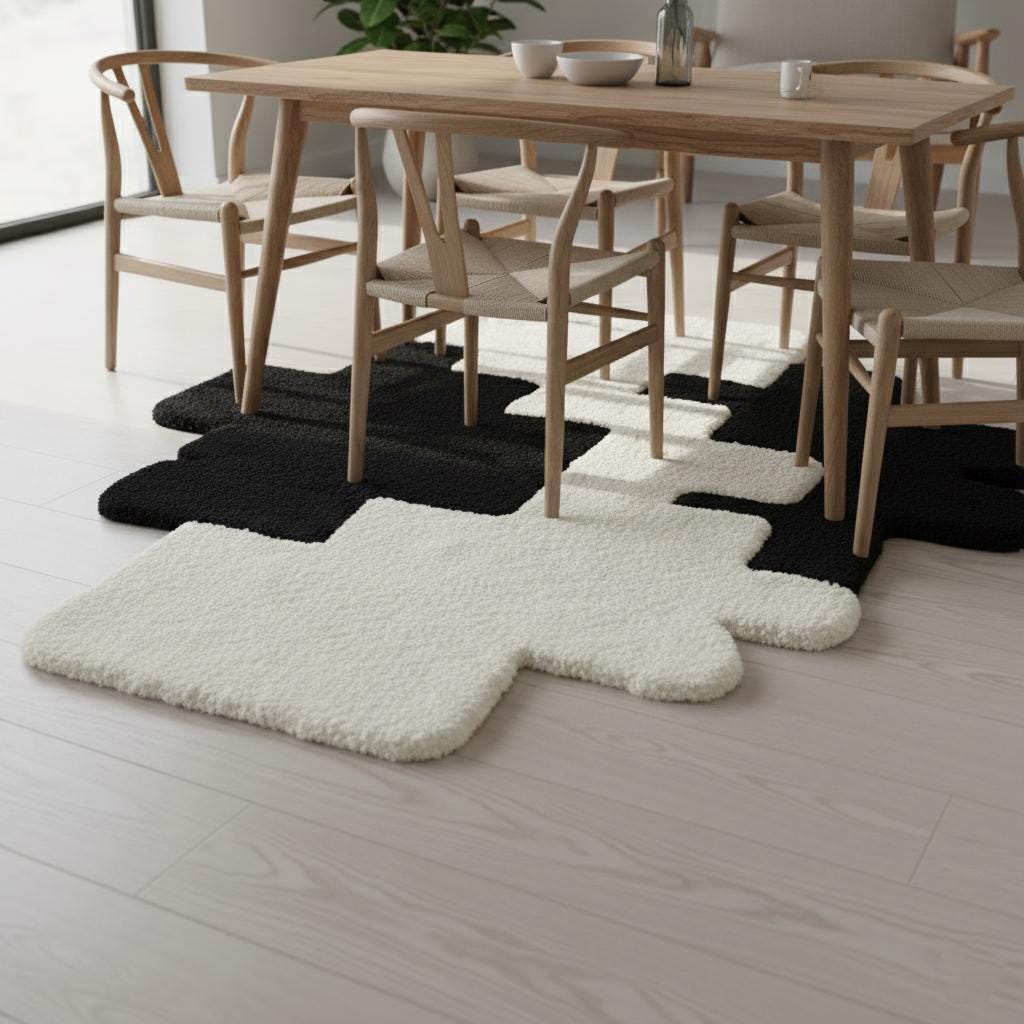 Handmade Tufted Wool Rug: Abstract Pixel Black and White Accent Carpet