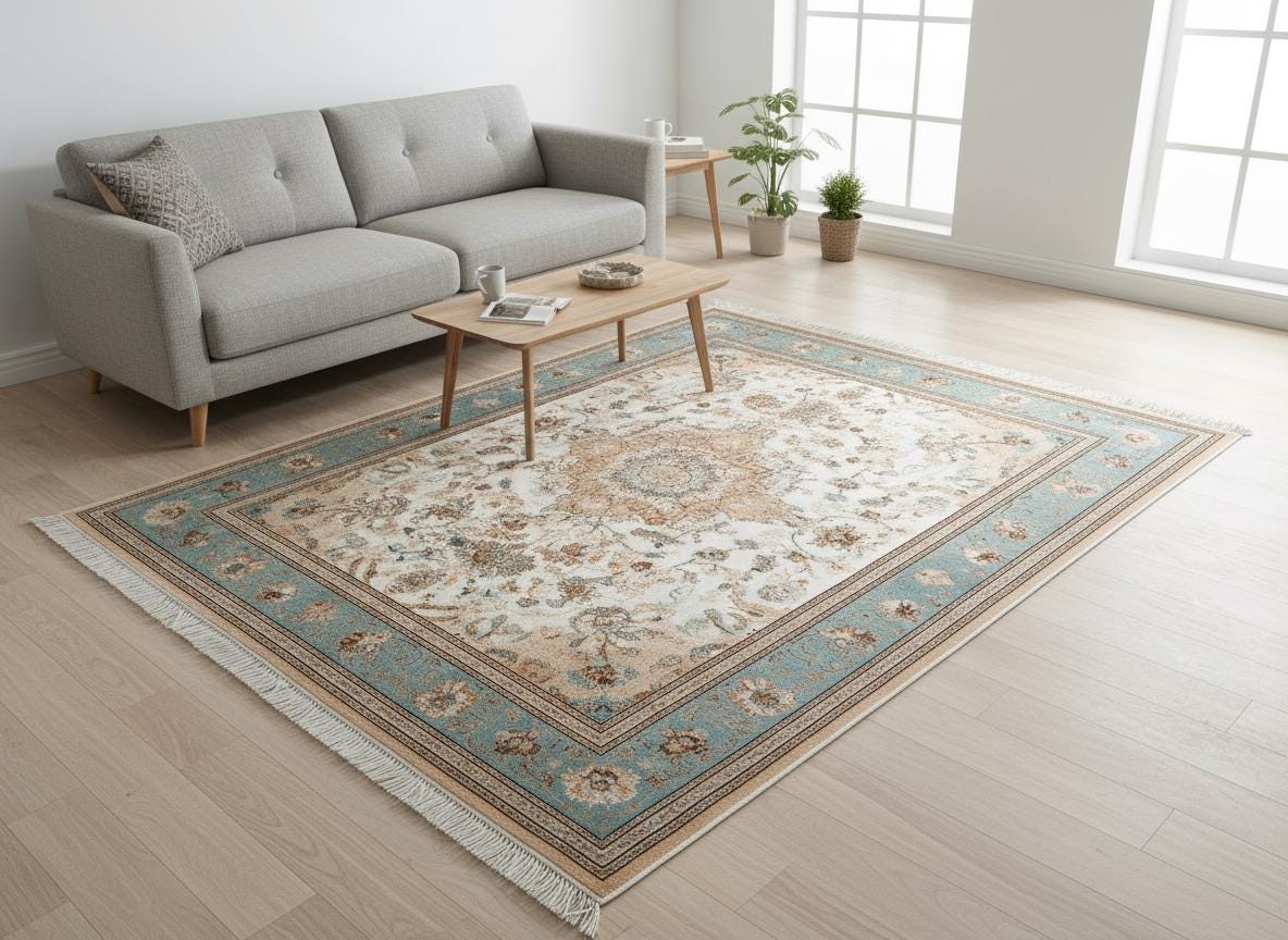 Hand-Knotted Wool Area Rug: Traditional Persian Floral Medallion Design