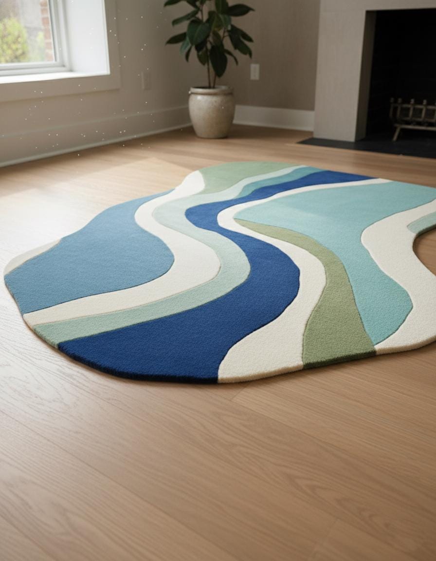 Abstract Wavy Wool Rug: Modern Blue Green Organic Carpet