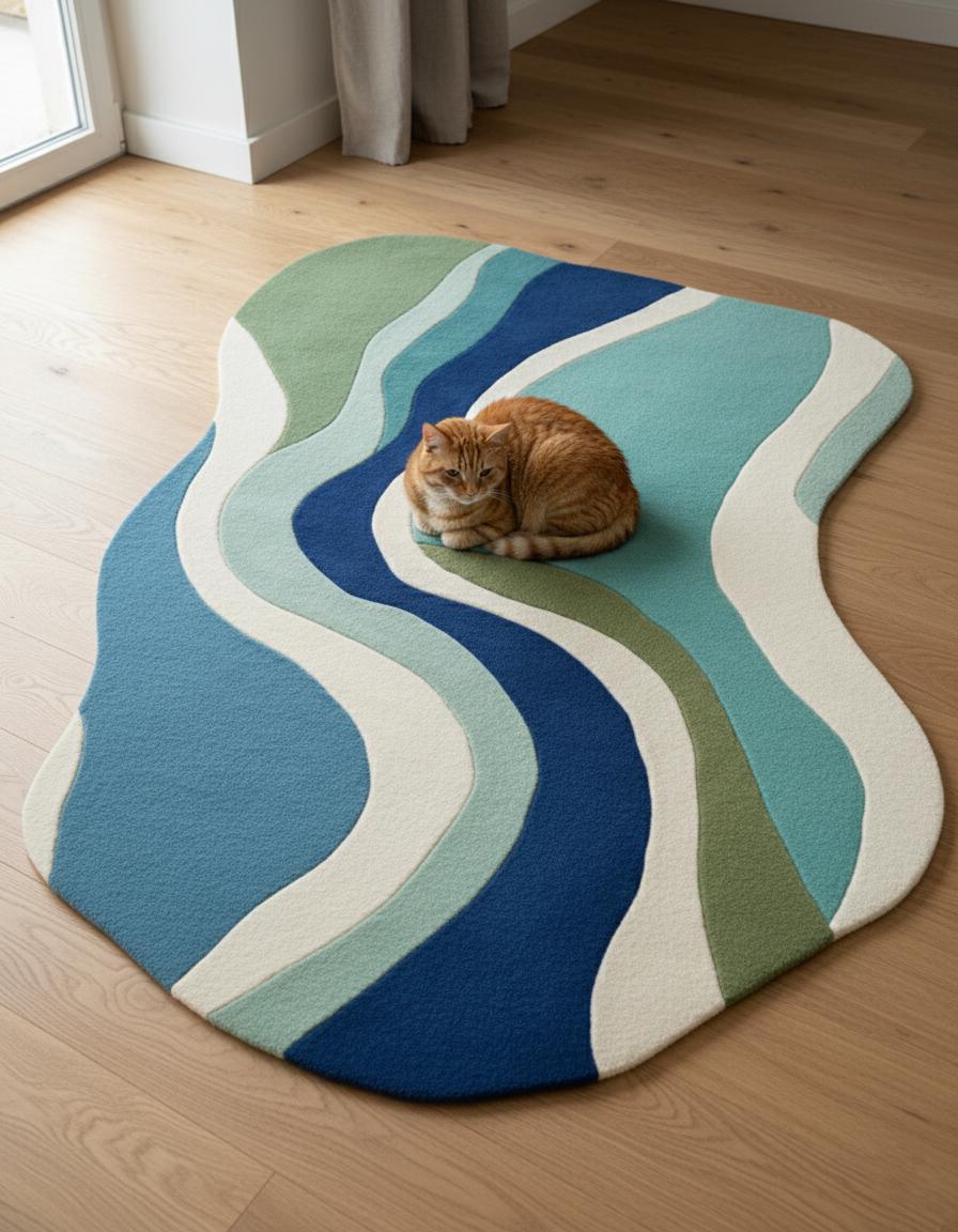 Abstract Wavy Wool Rug: Modern Blue Green Organic Carpet