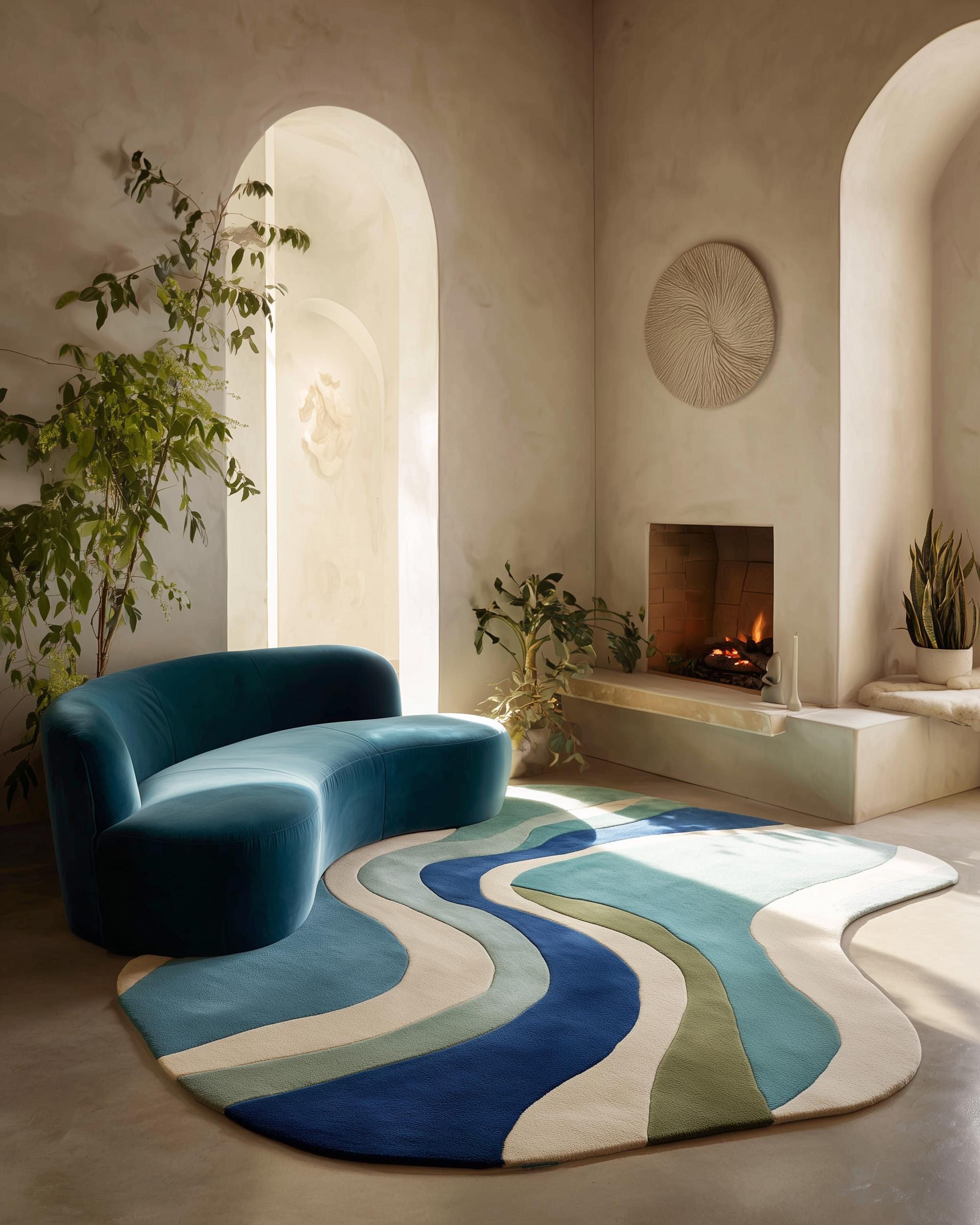 Abstract Wavy Wool Rug: Modern Blue Green Organic Carpet