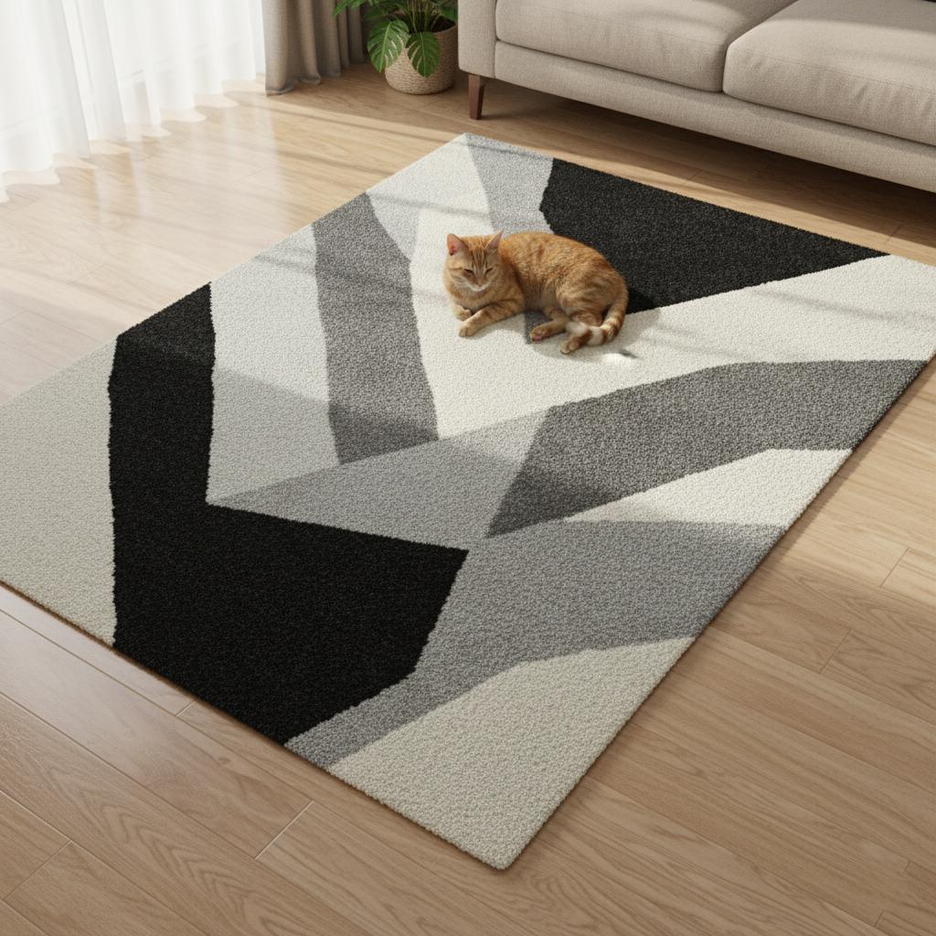 Modern Geometric Wool Rug: Black, White, Grey Abstract Design (6x9 ft)