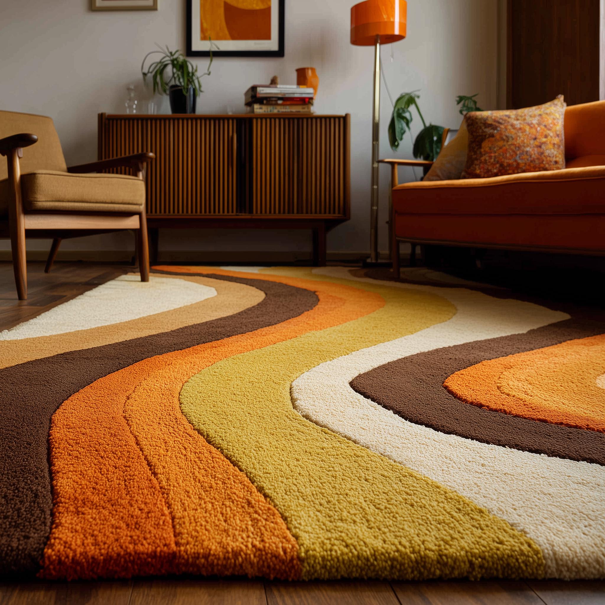 Retro 70s Wavy Wool Rug: Handmade Tufted Geometric Carpet