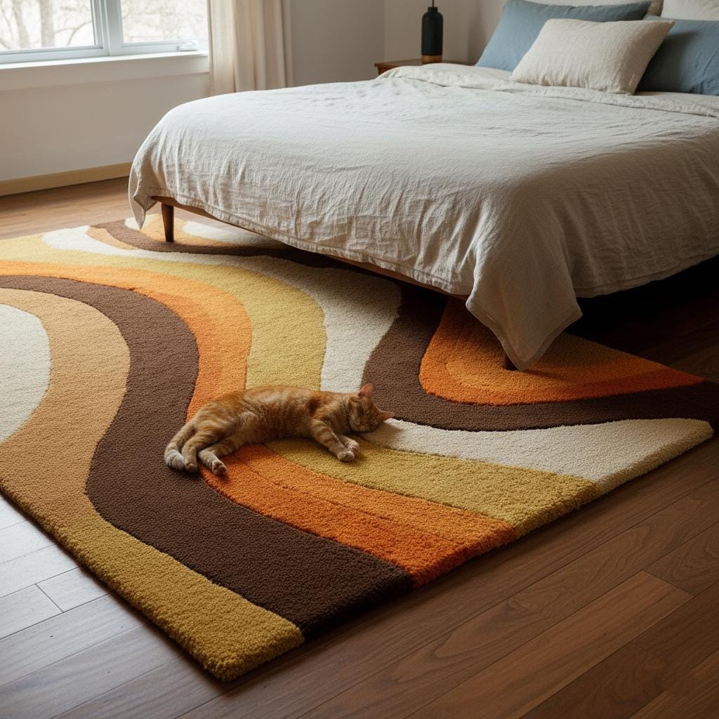 Retro 70s Wavy Wool Rug: Handmade Tufted Geometric Carpet