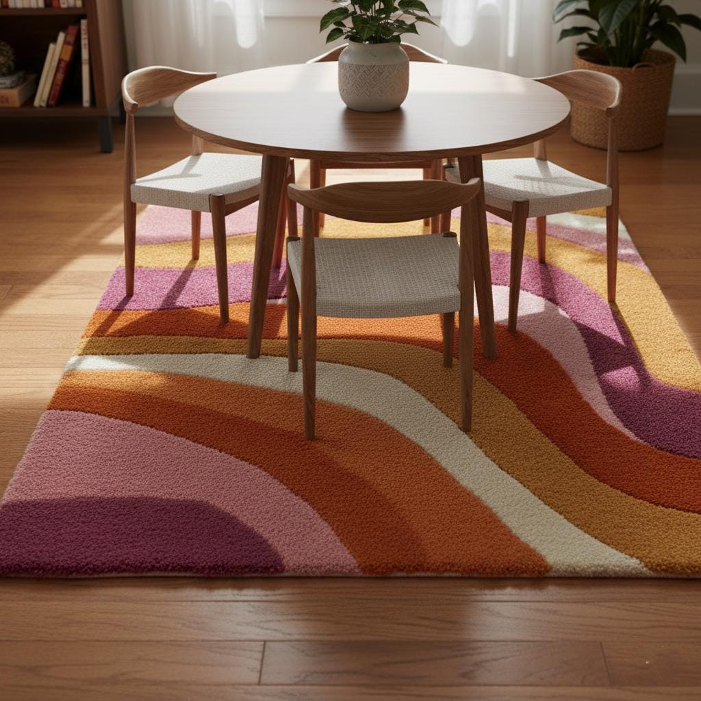 Handmade Tufted Wool Area Rug: Retro 70s Wavy Design