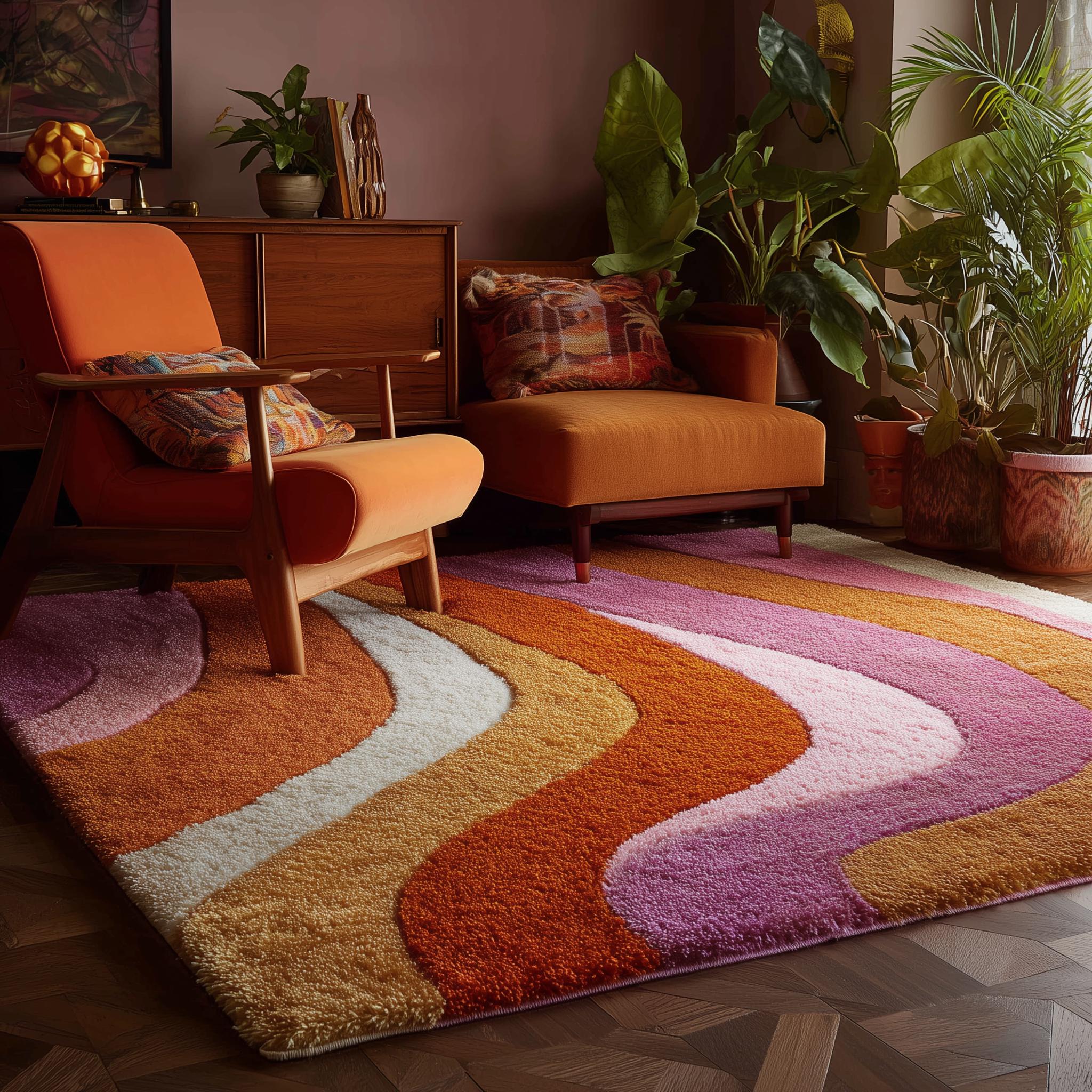 Handmade Tufted Wool Area Rug: Retro 70s Wavy Design