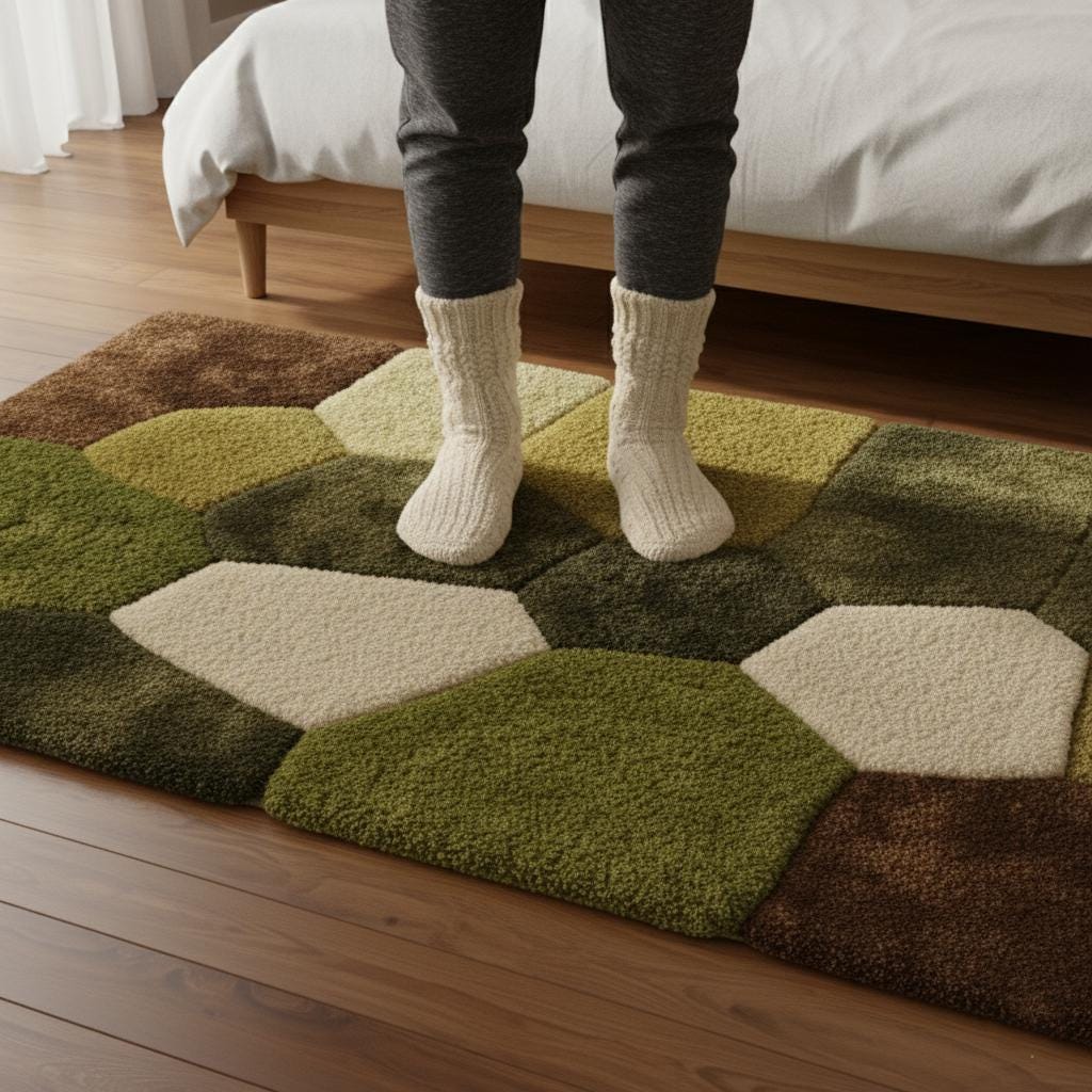 Handmade Green & Brown Wool Rug: Modern Geometric Tufted Carpet