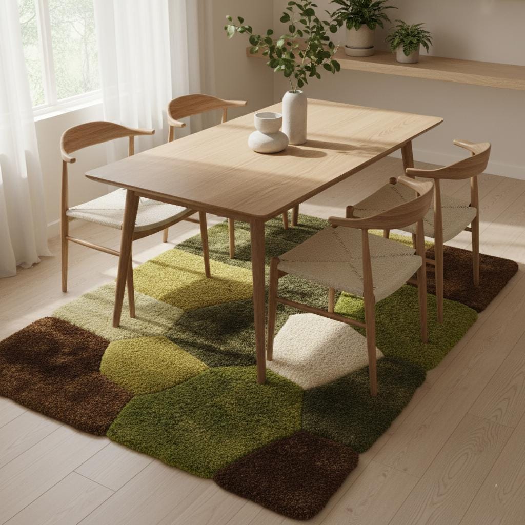 Handmade Green & Brown Wool Rug: Modern Geometric Tufted Carpet