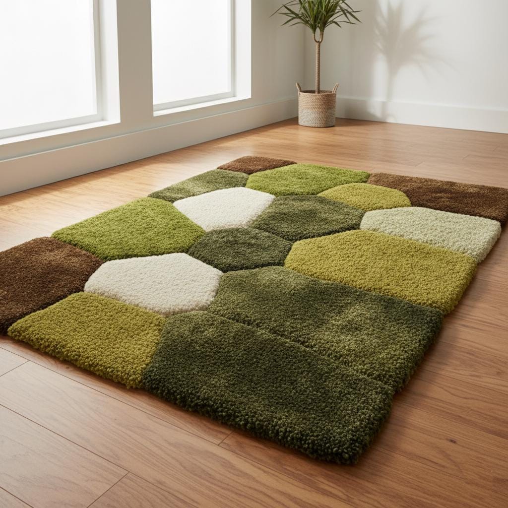 Handmade Green & Brown Wool Rug: Modern Geometric Tufted Carpet