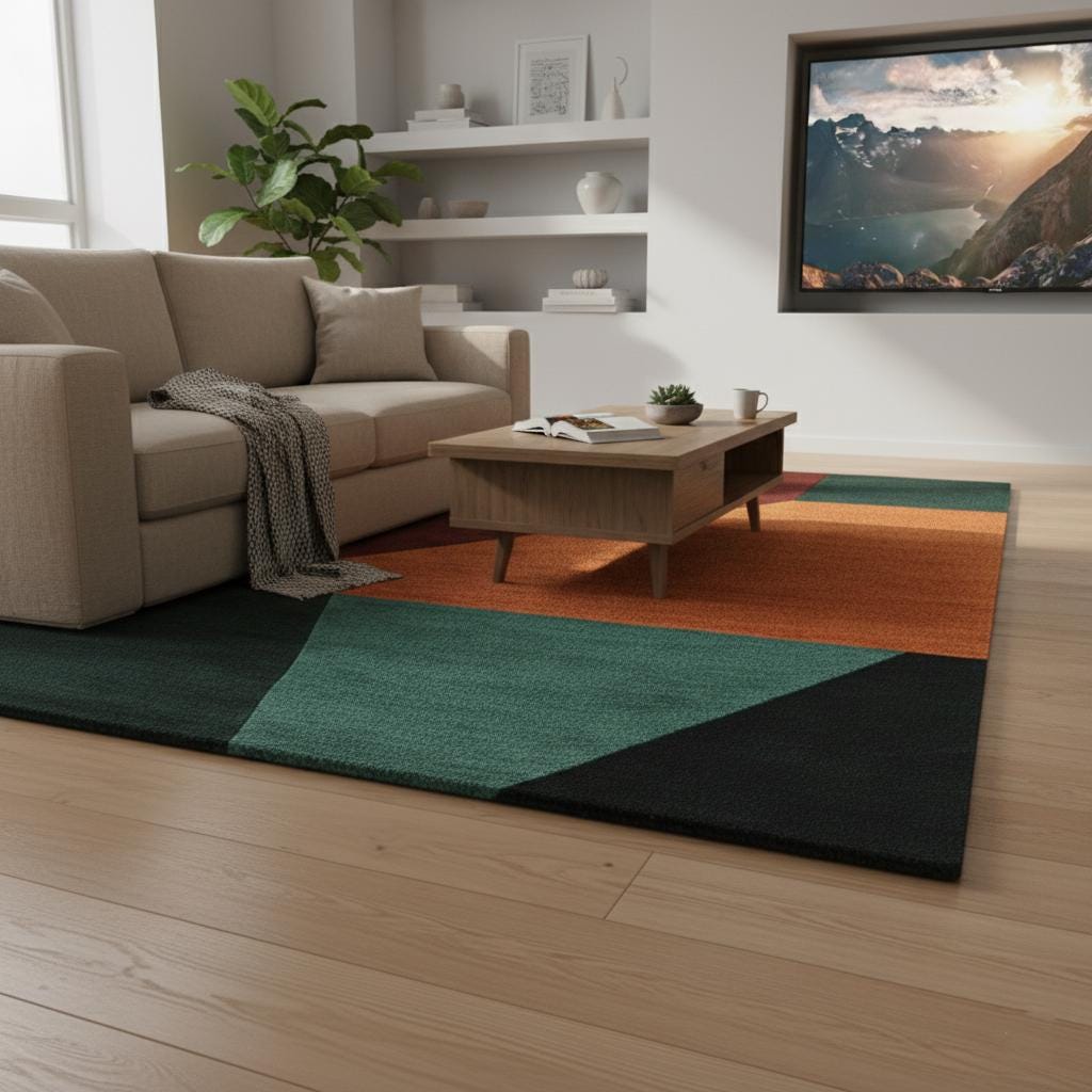 Handmade Wool Area Rug: Geometric Color Block, Mid-Century Modern