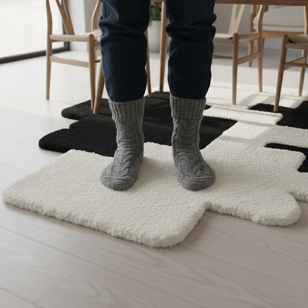 Handmade Tufted Wool Rug: Abstract Pixel Black and White Accent Carpet