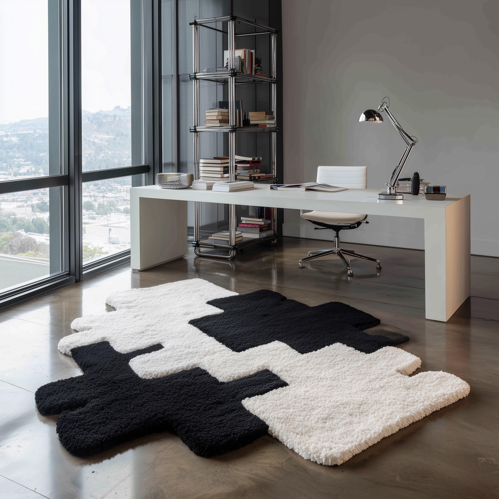 Handmade Tufted Wool Rug: Abstract Pixel Black and White Accent Carpet