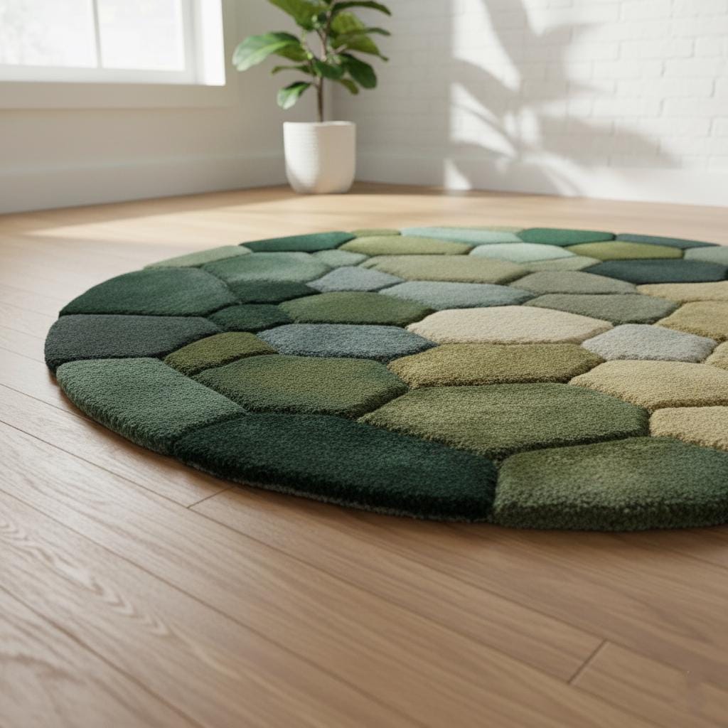 Handmade Wool Pebble Rug: Modern Green Earth Tone Carpet