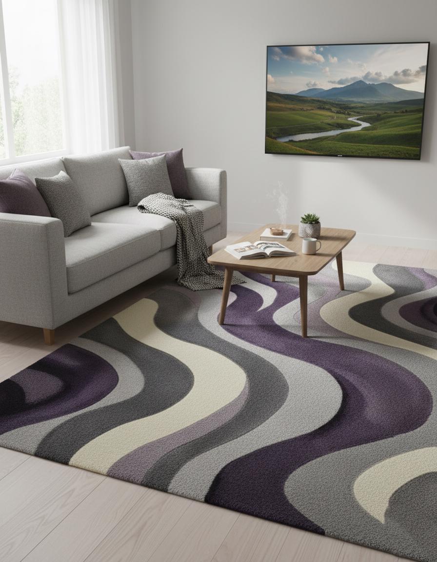 Handmade Purple Wave Rug: Modern Abstract 3D Wool Carpet