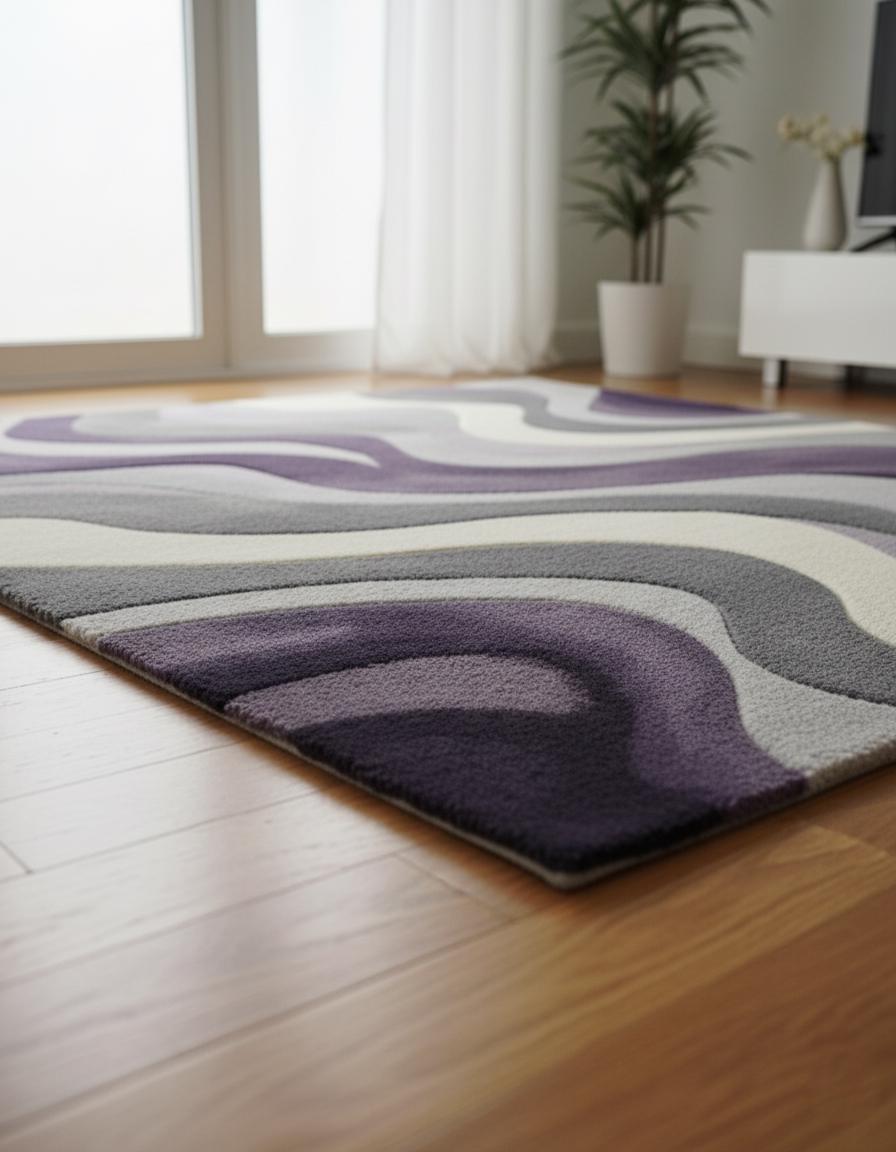 Handmade Purple Wave Rug: Modern Abstract 3D Wool Carpet