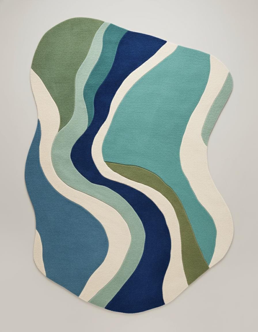 Abstract Wavy Wool Rug: Modern Blue Green Organic Carpet