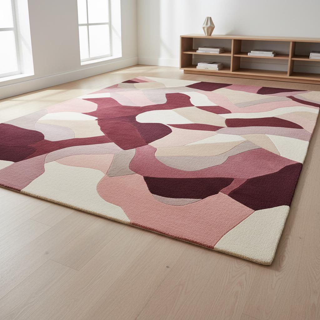 Handmade Wool Area Rug: Modern Abstract Burgundy Pink Geometric Carpet