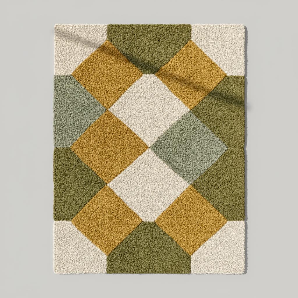 Handcrafted Wool Tufted Rug | Modern Olive Green Checkered Carpet